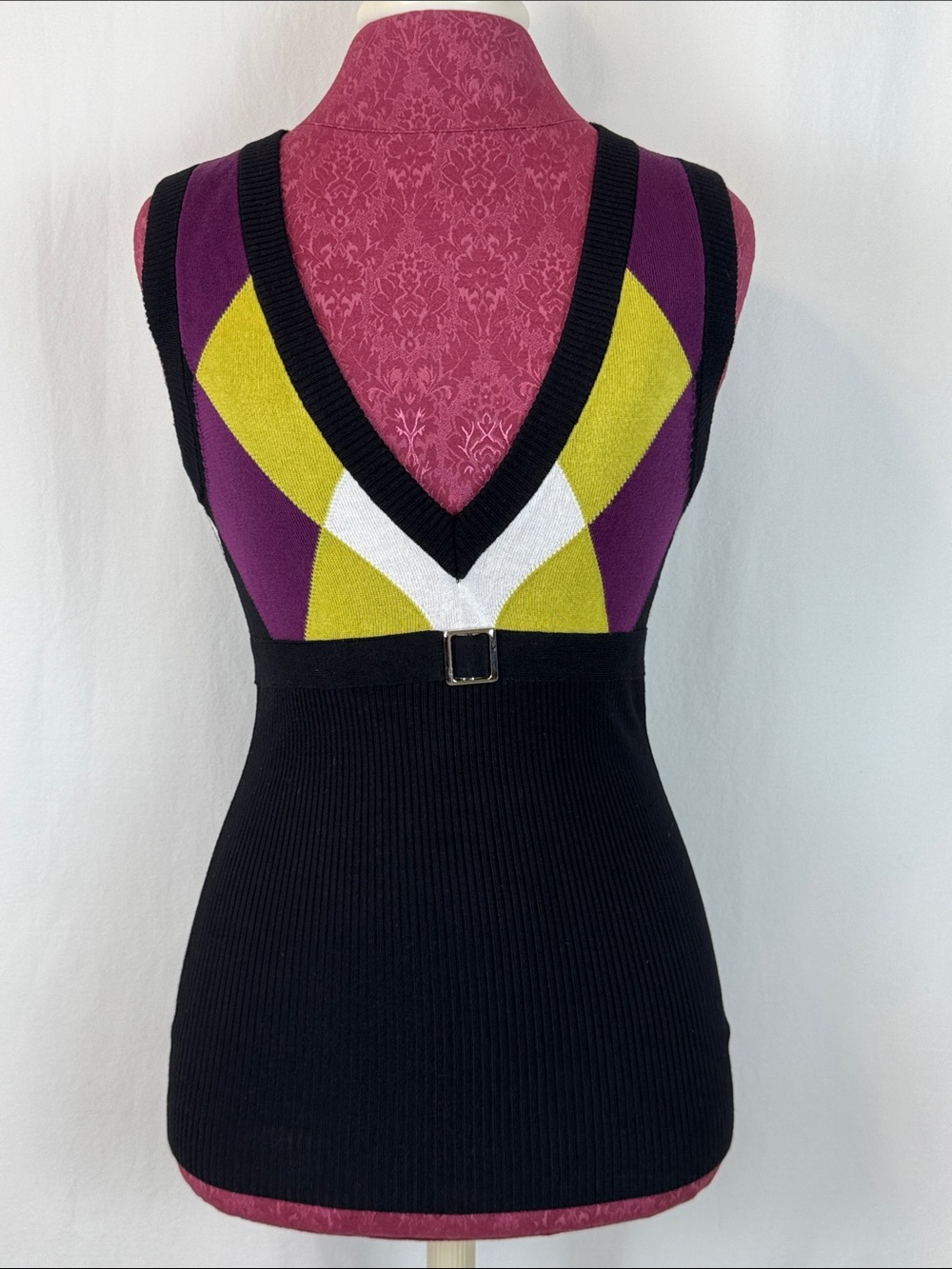 XOXO Juniors' Size Medium Deep V-Neck Purple/Green/White Argile Sweater Vest